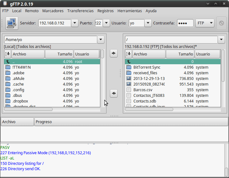 gFTP- Interfase normal de trabajo